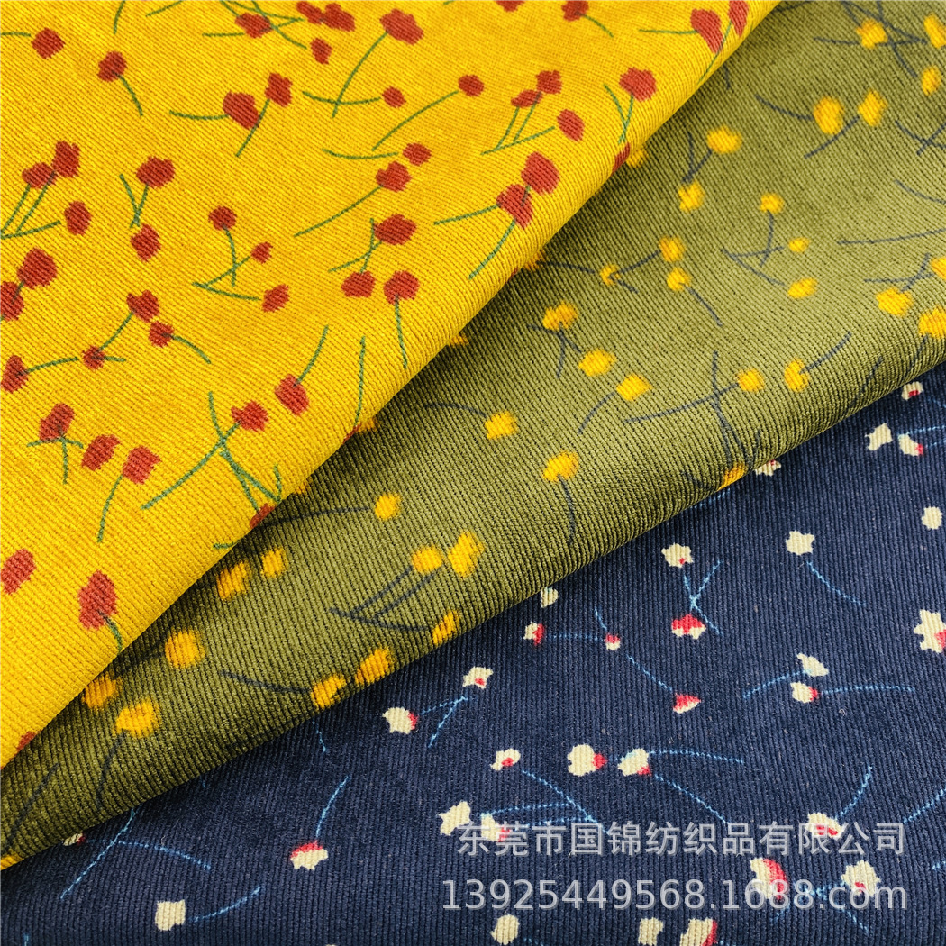 秋冬数码直喷印花布 锦涤21W灯芯绒印小碎花 时尚女装连衣裙布料