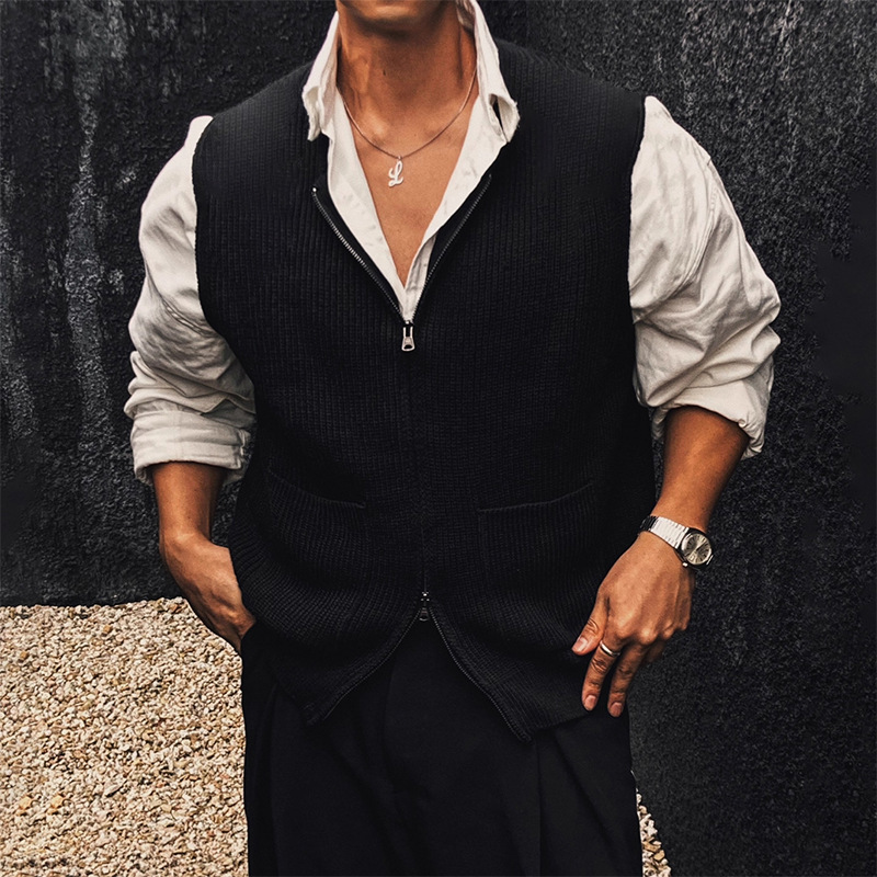 Old Money Style Layered Sweater Vest Men's Autumn and Winter High-End Casual Versatile Loose Double Zipper Knitted Cardigan