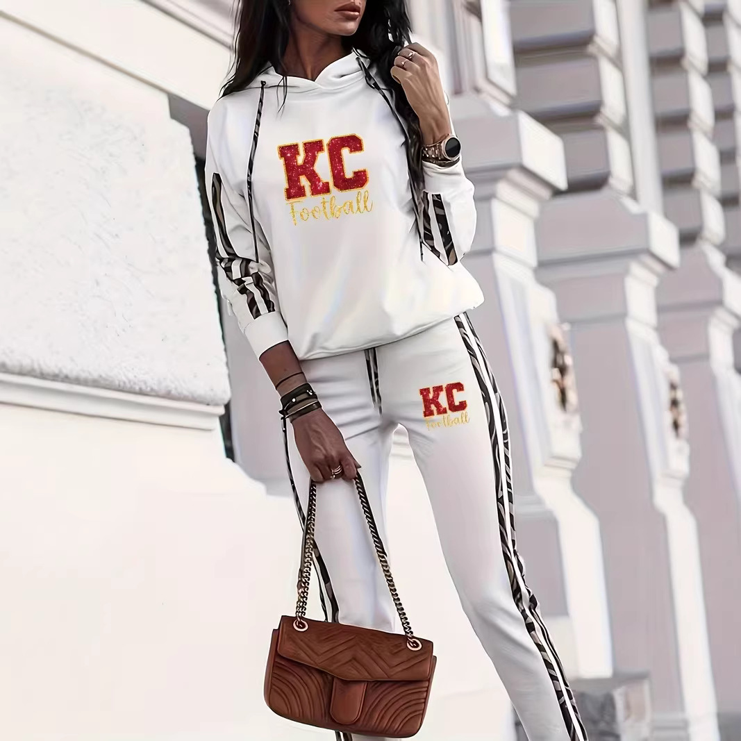 Women's Casual KC Logo Print Hooded Long Sleeve Sweatshirt And Jogging Pants Set Loose Fitting Comfortable 0051 Print_ecoleips.com