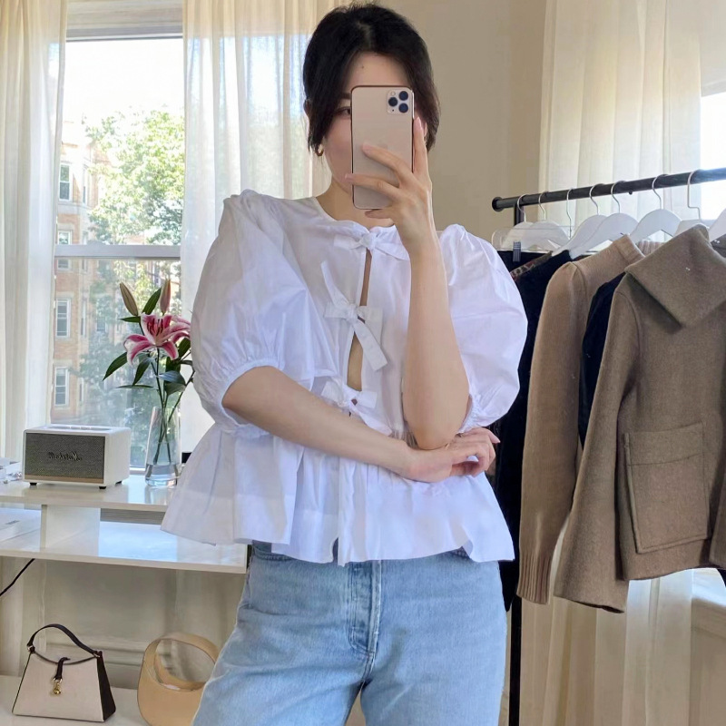 Scandinavian Niche 2023 Spring and Summer Sweet Round Neck Tie Puff Sleeves Waist Pure Color Cute Shirt 23307