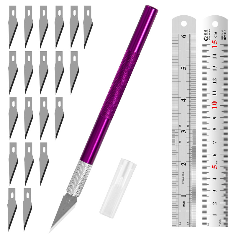 Juego de herramientas de tallado transfronterizo: cuchillo y regla de acero, cuchillo para manualidades con kit de cuchillas, regla de acero inoxidable de 15 cm para uso en bricolaje.