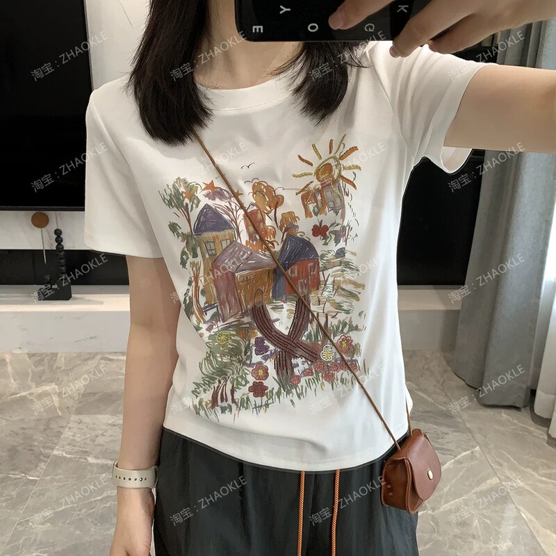 Zhao Keler~Embroidered Graffiti Print Regular Shoulder Short-Sleeve T-Shirt Summer Round Neck Tee Sweet and Spicy Style Top