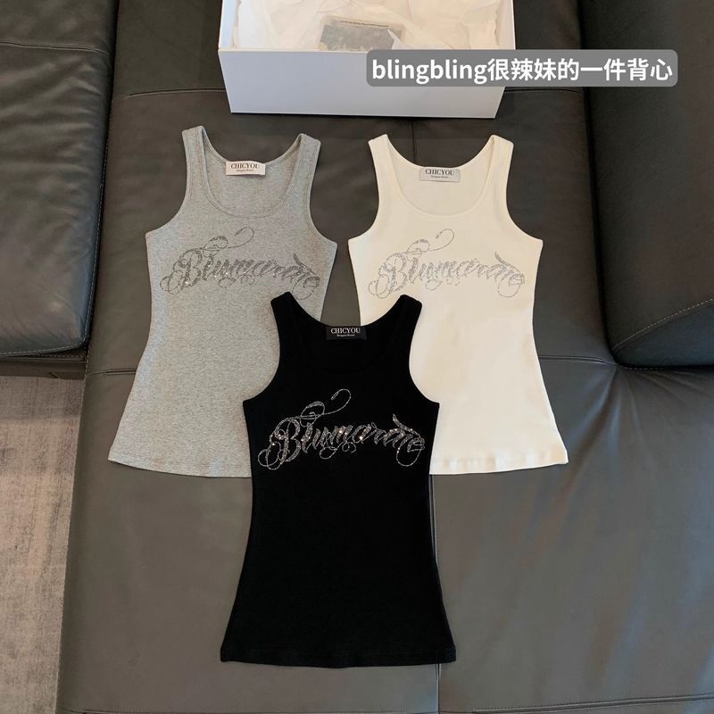 [260g Rayon Modal] Letter Hot Diamond Camisole Women's Slim Sleeveless T-Shirt Bottoming Top