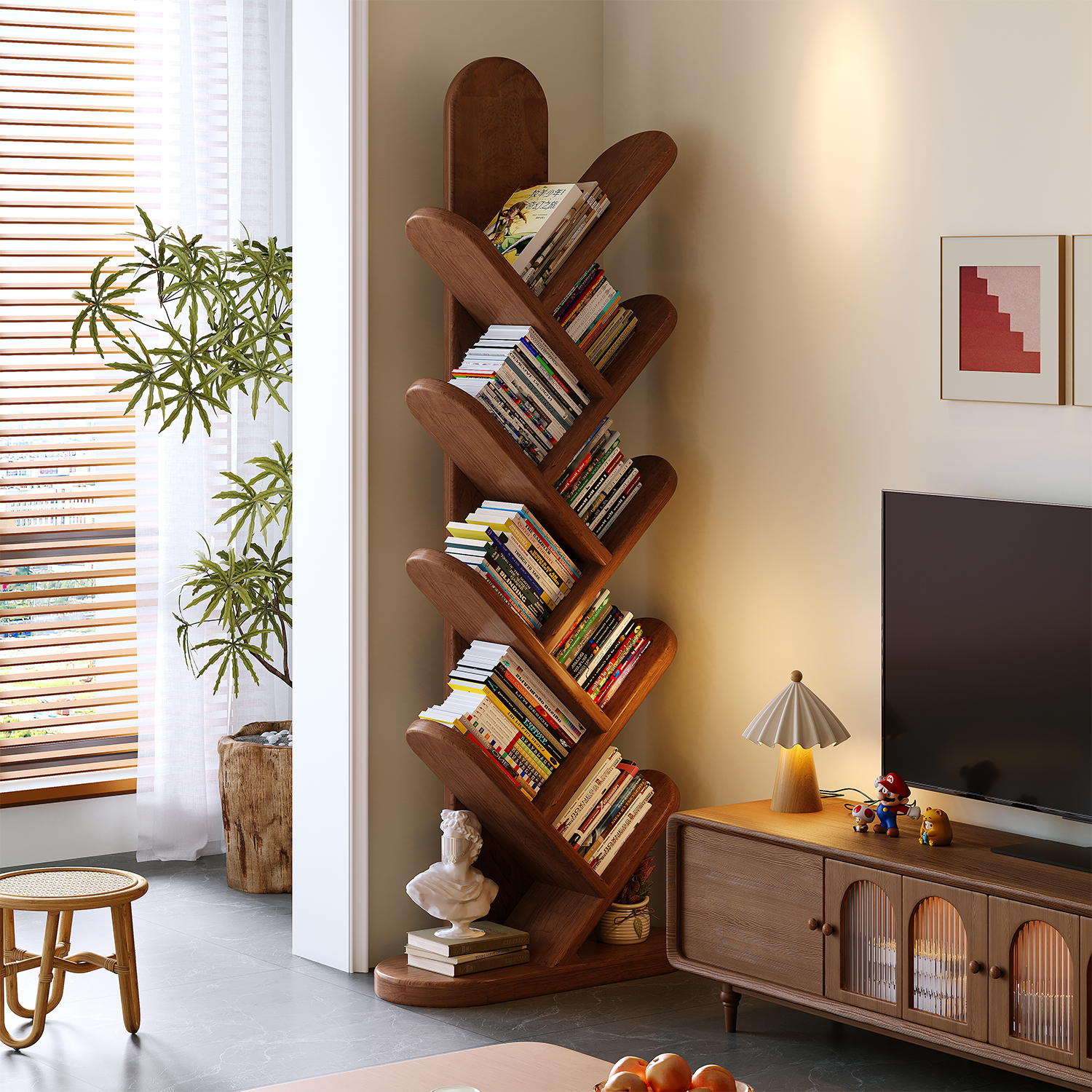 Estante de madera sólida en forma de árbol esquina de piso estrecha sala de estar integrada contra la pared creativa simple exhibición esquina pequeño estante de libros para niños