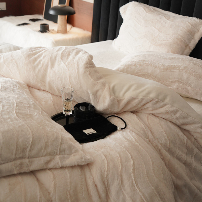 Luz de lujo conejo de peluche de cuatro piezas de invierno leche de peluche cama de cuatro piezas de engrosamiento de doble cara sábanas de peluche de invierno