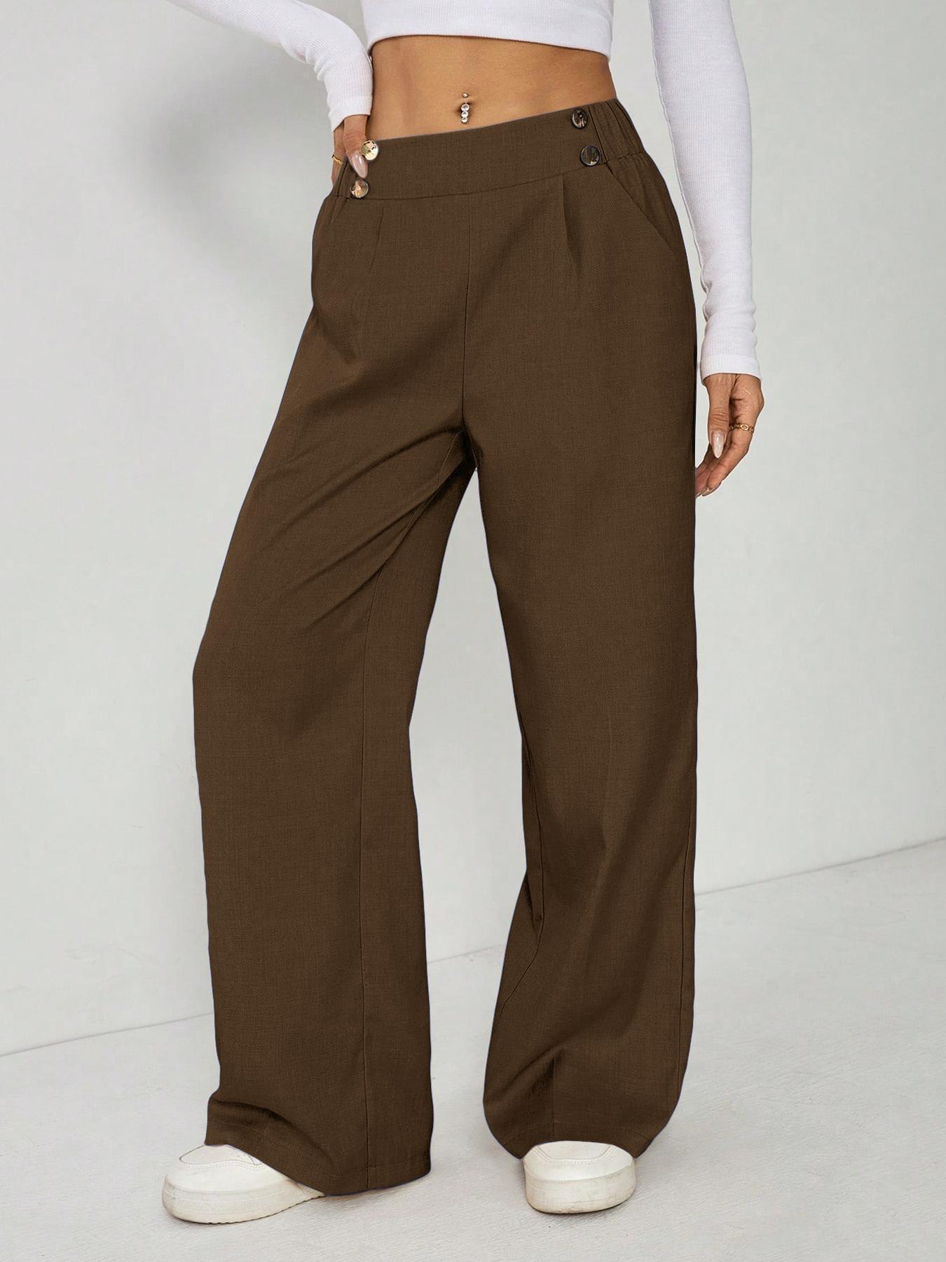Women's Wide Leg Straight Leg Trousers Casual Fashion European American Style Button Decoration Commuting Pants_ecoleips.com