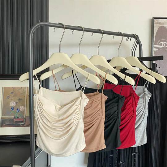Ins High-grade Summer Sling with Chest Pad Women's Short One-line Collar Pleated Knitted Inner Sexy Vest Top