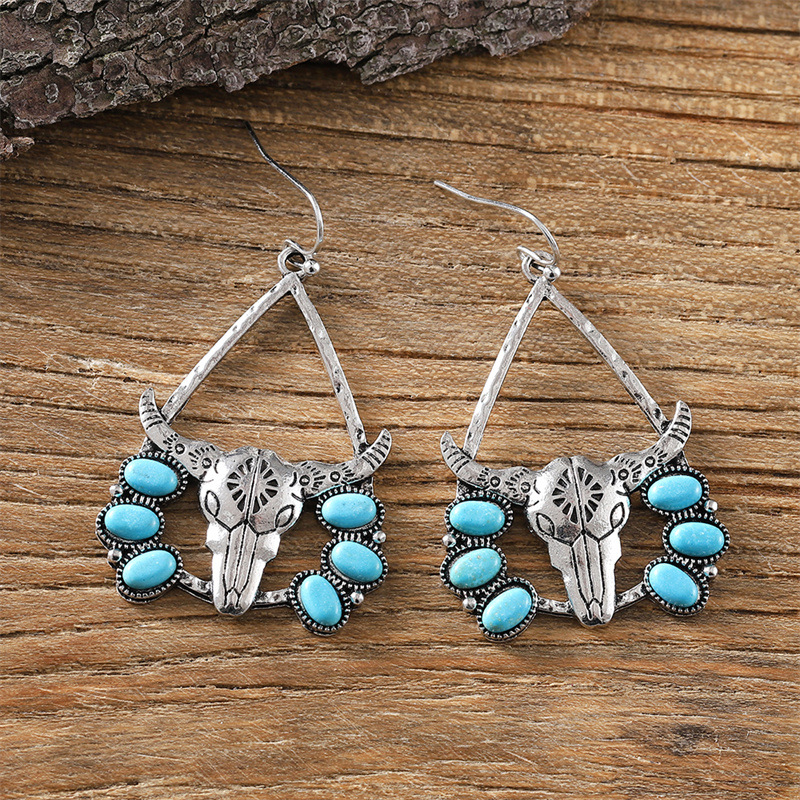 Party, Carnival, Street Occasion 1 Pair Classical Ethnic Style Bull Head Plating Inlay Zinc Alloy Turquoise Drop Earrings