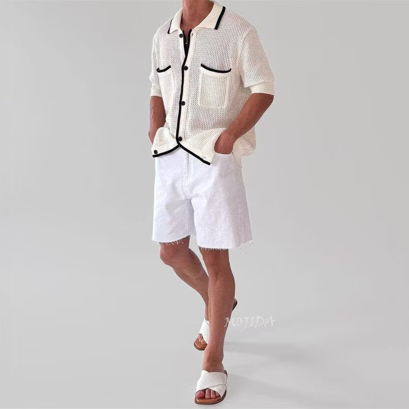 Polo camiseta de punto camiseta de manga corta camiseta con solapa cardigán hombre pequeño bolsillo de viento fragante viejo viento verano fábrica transfronteriza al por mayor