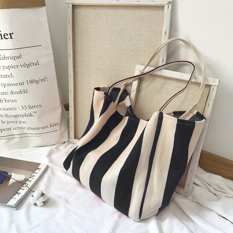 Women's Striped Canvas Bag, Large Capacity Canvas Tote Bag, Simple and Fresh Handbag, Fashionable and Versatile