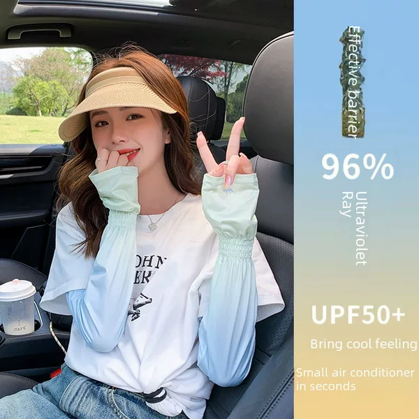 Gradient color sun protection ice sleeve female horn Ice Silk oversleeve breathable UV protection hand sleeve outdoor long arm protection driving