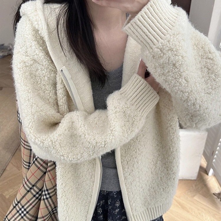 Korean-Style White Faux Shearling Hooded Sweater Jacket for Women, Autumn and Winter, Lazy Style, Loose Knit Zipper Cardigan Top