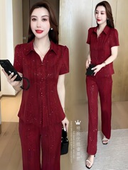 时尚气质套装女减龄穿搭一整套夏季新款烫钻短袖上衣阔腿裤两件套
