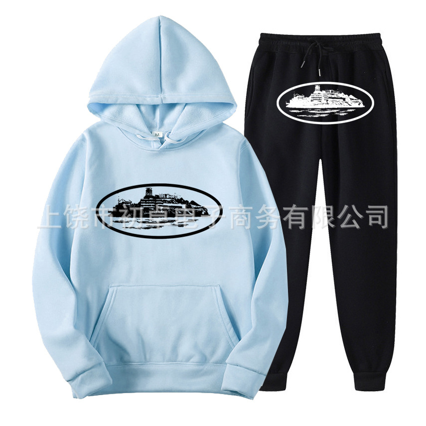 Europeo y americano clint419 diablo prisión patrón hombres y mujeres mismo suéter traje impreso con capucha conjunto de dos piezas al por mayor