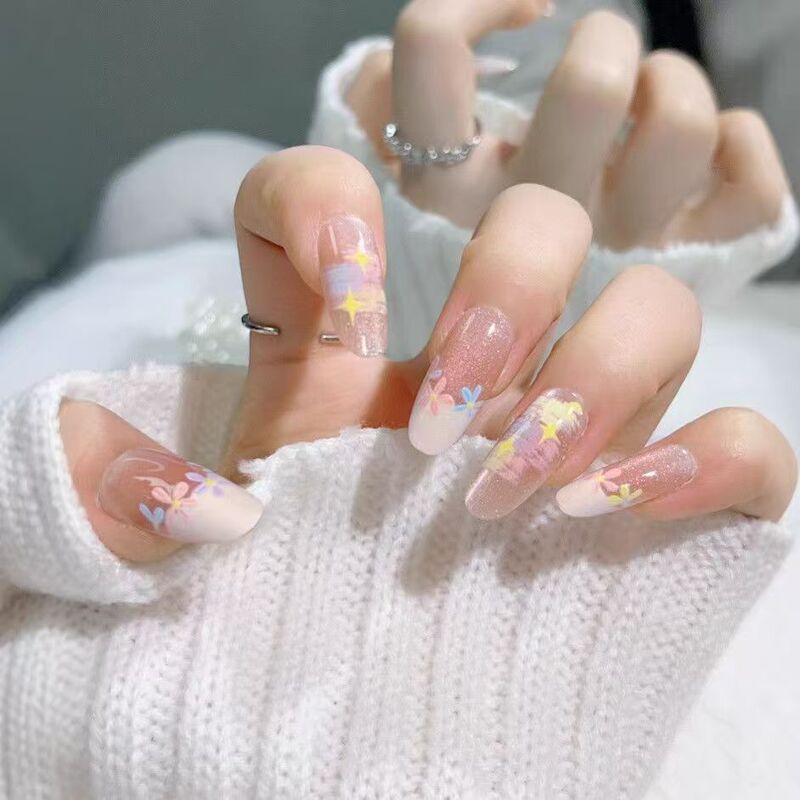26 New Spring/Summer Models of Monet Garden Oil Painting Style French Mid-Length Nail Art Products That Enhance Complexion, High-End Wearable Nail Art Finished Products Wholesale