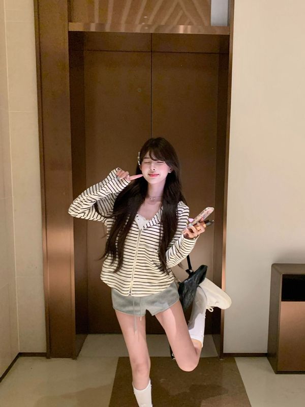 设计感条纹连帽开衫卫衣外套女秋季韩系小个子休闲宽松薄款上衣服|undefined