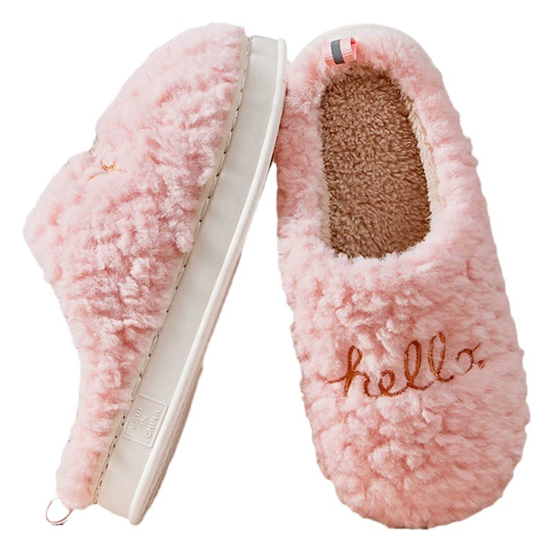 Плюшевые хлопковые тапочки с вышивкой Привет, ощущение походных экскрементов, домашние толстые теплые хлопковые тапочки оптом, Нескользящие домашние тапочки, зимние
