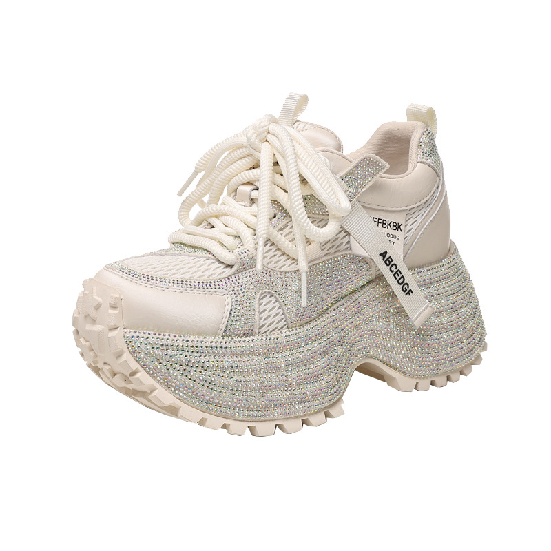 Giày sneaker nữ đế dày tăng chiều cao phối đá lấp lánh lưới thoáng khí — màu be
