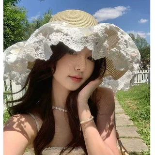 草帽女夏加大檐遮阳防晒沙滩太阳帽蕾丝蝴蝶结波浪边甜美可爱凉帽