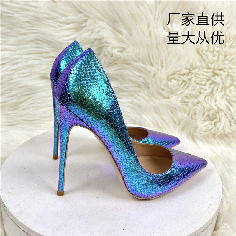 跨境外贸批发新款蓝色蛇纹名媛高跟鞋12CM尖头细跟时尚浅口单鞋