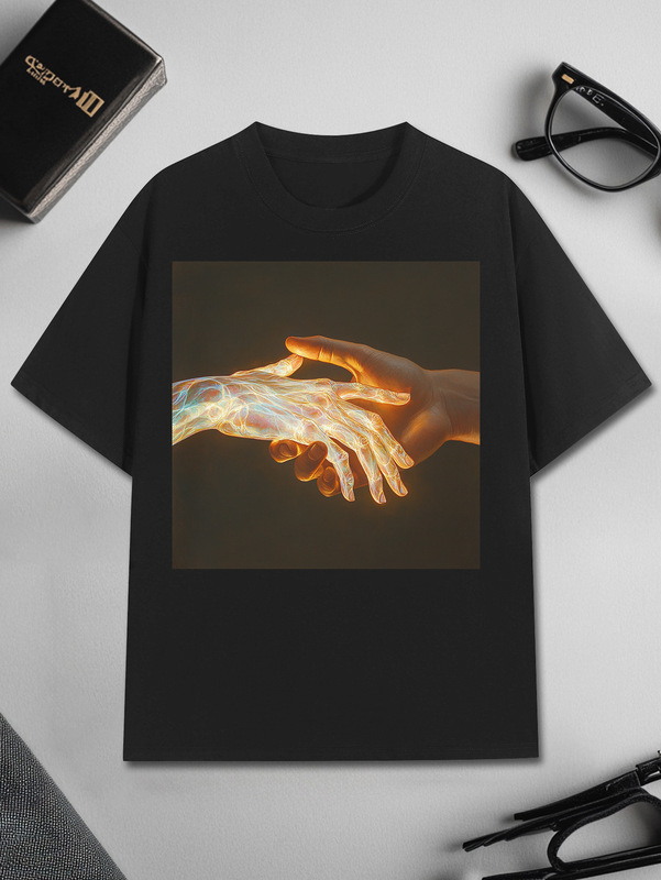 [European Size] 2025 Cross-Border Digital Round Neck Vibrant Futuristic Hand Holographic Short Sleeve Personalized Casual Pure Cotton