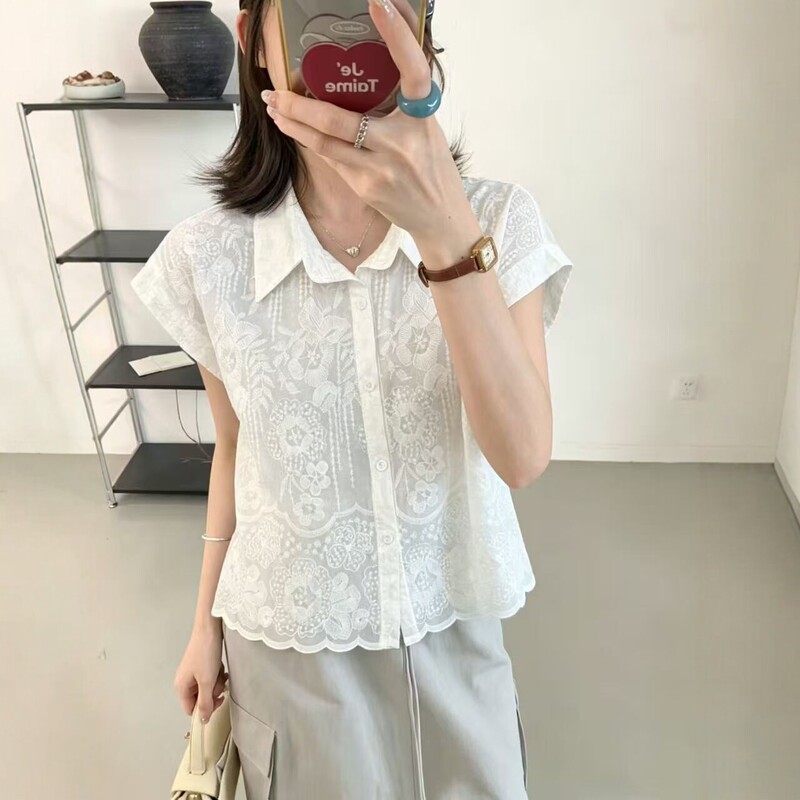 Summer New Style French Lace Short-Sleeved Shirt for Women, Designer Niche Lapel Top, Korean Style Fresh and Versatile Shirt Summer New Style French Lace Short-Sleeved Shirt for Women, Designer Niche Lapel Top, Korean Style Fresh and Versatile Shirt