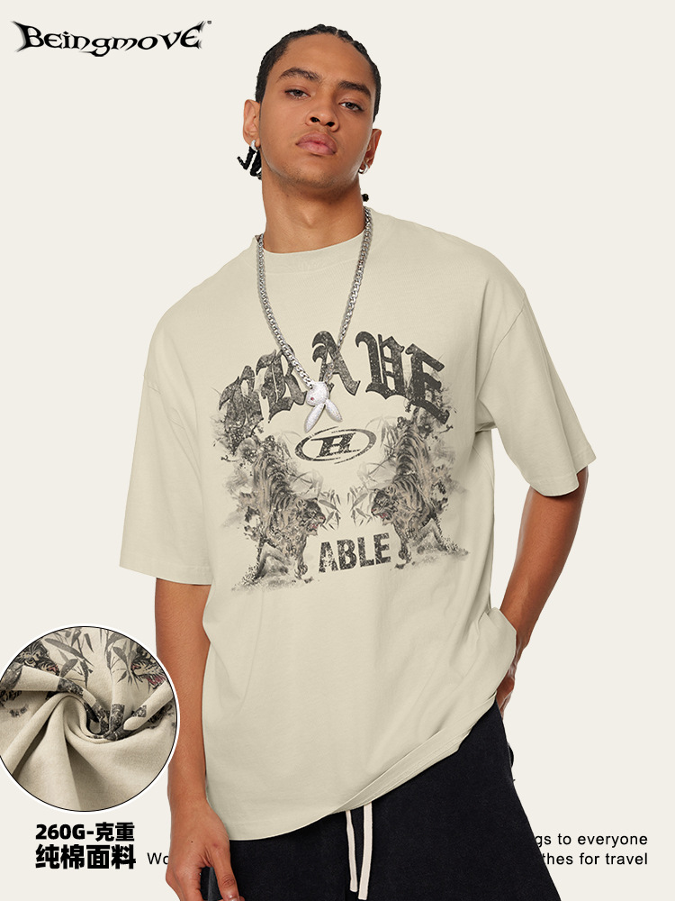 2025 verano marea nacional lavado hace tinta vieja impresión azul corta camiseta de manga corta marca de moda masculina casuales pareja ropa superior