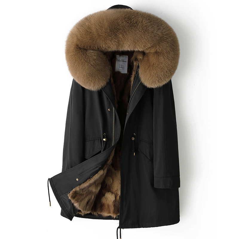 중간 길이의 블랙 쉘 카키 폭스 퍼 라이너