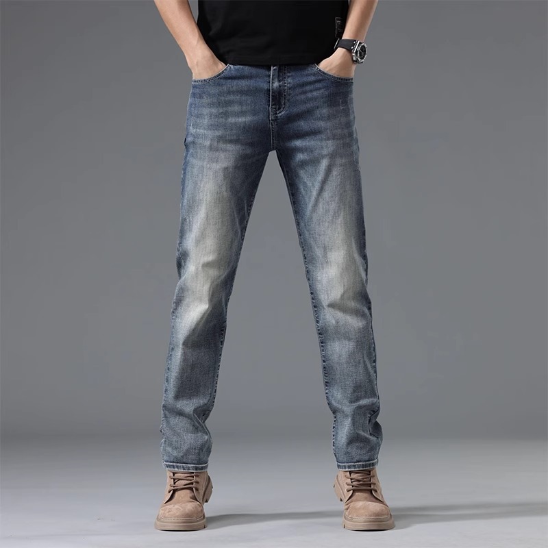 De alta gama de algodón puro 2025 nuevos jeans para hombres primavera y otoño nuevos pantalones largos elásticos azules retro sueltos rectos para hombres