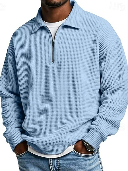 Cross-Border Amazon 2025 Autumn and Winter New Half-Zip Loose Polo Collar Waffle Long-Sleeved Casual Tops for Men