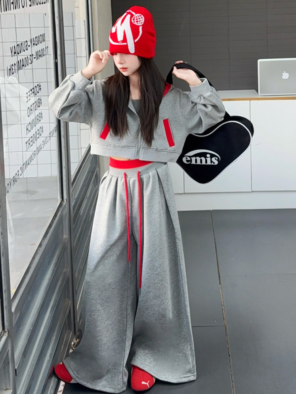 女童套装秋季2025新款洋气大童春秋装韩版连帽外套儿童潮酷三件套|undefined