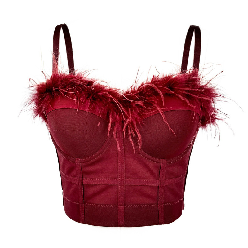 Ancora Red Women's Underwear Top Camisole Vest with Feather Tassel High-end Design Fishbone Bra