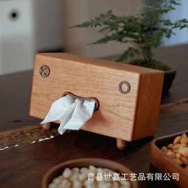 实木笑脸纸巾盒创意卡通桌面机器人抽纸盒桌面摆件装饰木盒卷纸盒