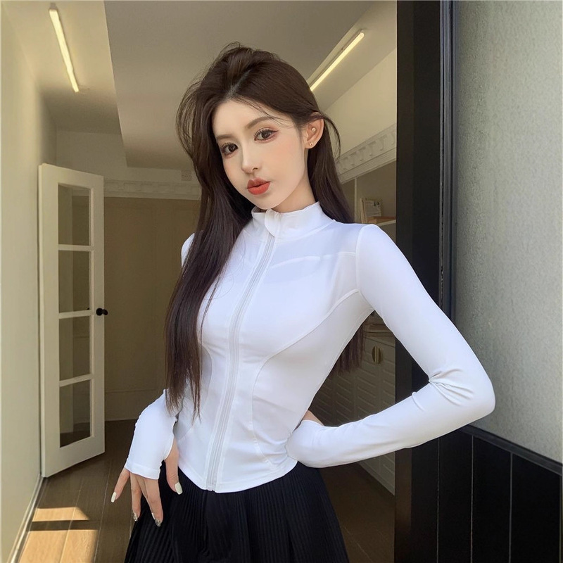 White Jacket Women's Autumn and Winter New Slim Fit Sportswear Quick-Drying Long-Sleeved Fitness Fleece-Lined Zipper Yoga Wear