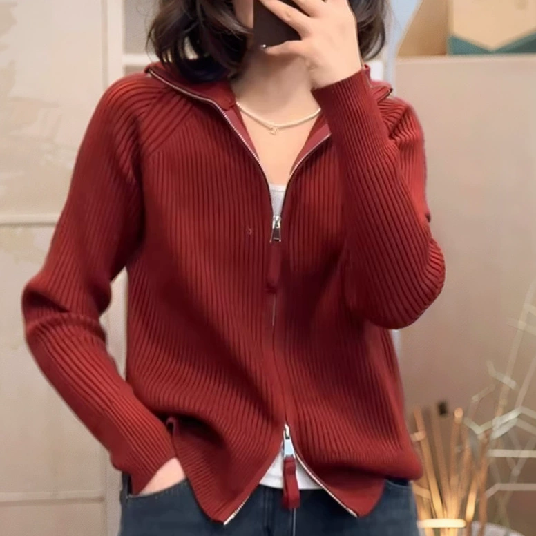 Женский вязаный кардиган с двойной молнией и лацканами, весна-осень 2025, новый свободный и универсальный тонкий свитер, куртка, плотная верхняя одежда