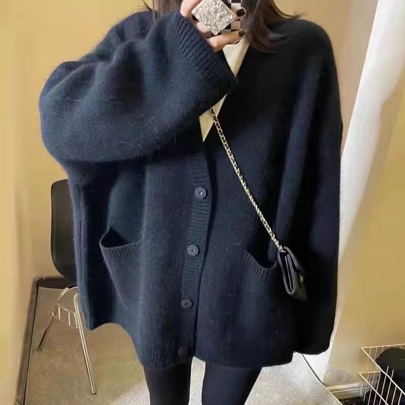 早秋新款慵懒风宽松纯色软糯针织毛衣女开衫韩版宽松显示上衣外穿|undefined