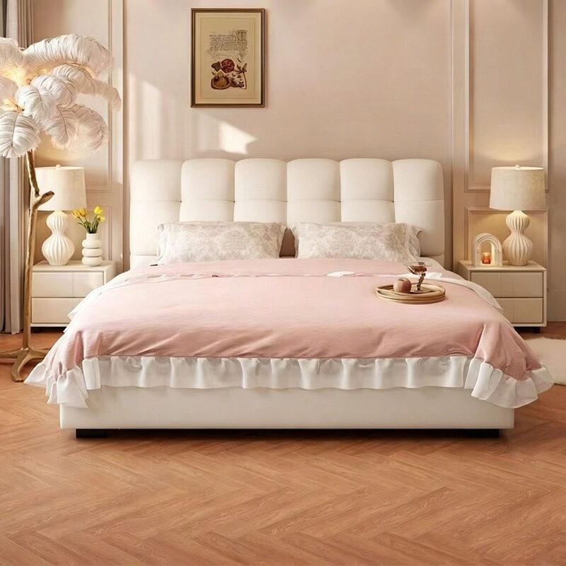 Trending cream-white leather bed, same style as on Instagram and Xiaohongshu, suitable for small apartments, with soft backrest, double bed, storage, and perfect for weddings Trending cream-white leather bed, same style as on Instagram and Xiaohongshu, suitable for small apartments, with soft backrest, double bed, storage, and perfect for weddings