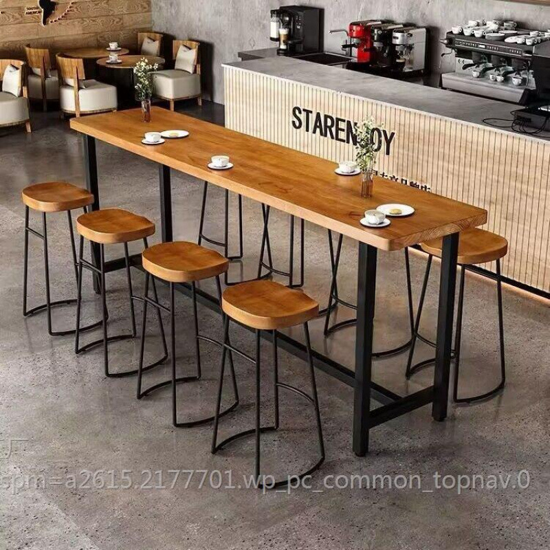Modern Minimalist Solid Wood High Bar Table and Chairs, Iron Art Leisure Bar Table and Stools for Milk Tea Shop, Bar, and Lounge, Wall-Mounted Bar Counter