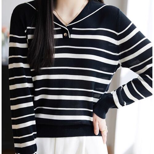 Navy Leader Cardigan Striped Hooded Loose Knitted Sweater Women Spring Autumn Color Block Base Knit Top Stylish Long Sleeve Top