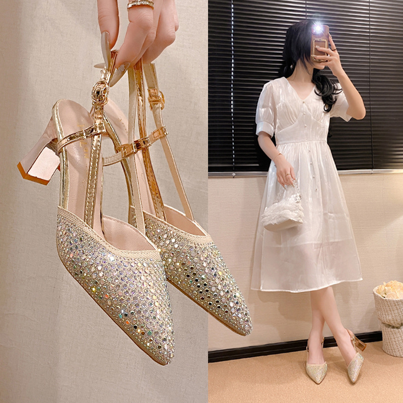 Elegant socialite pointed-toe full-diamond dress high heels with open back, 2026 autumn new French style breathable chunky heel women's shoes Elegant socialite pointed-toe full-diamond dress high heels with open back, 2026 autumn new French style breathable chunky heel women's shoes