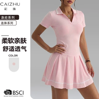 V领Polo领短袖连衣裙高腰收腰百褶网球裙运动瑜伽夏薄款速干