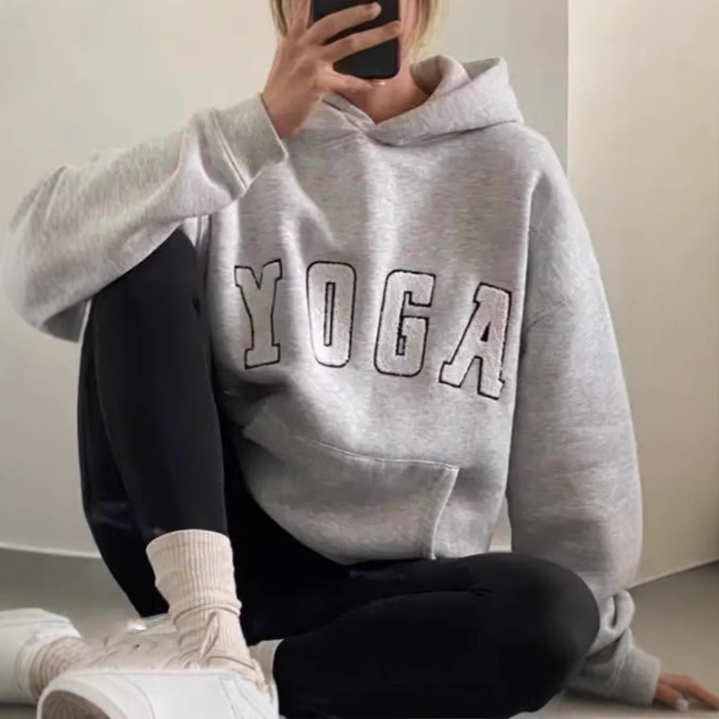 New Casual Gray Embroidered YOGA Printed Loose Hooded Women's Sweatshirt_voghion.com