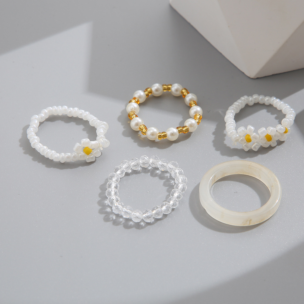 Fashion White Resin Pearl Beaded Ring Set