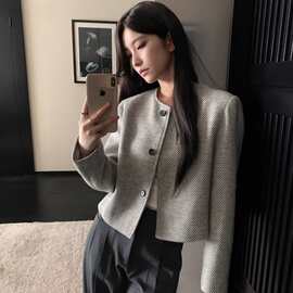 气质名媛小香风外套女2026春秋新款高级感修身复古圆领格纹上衣女