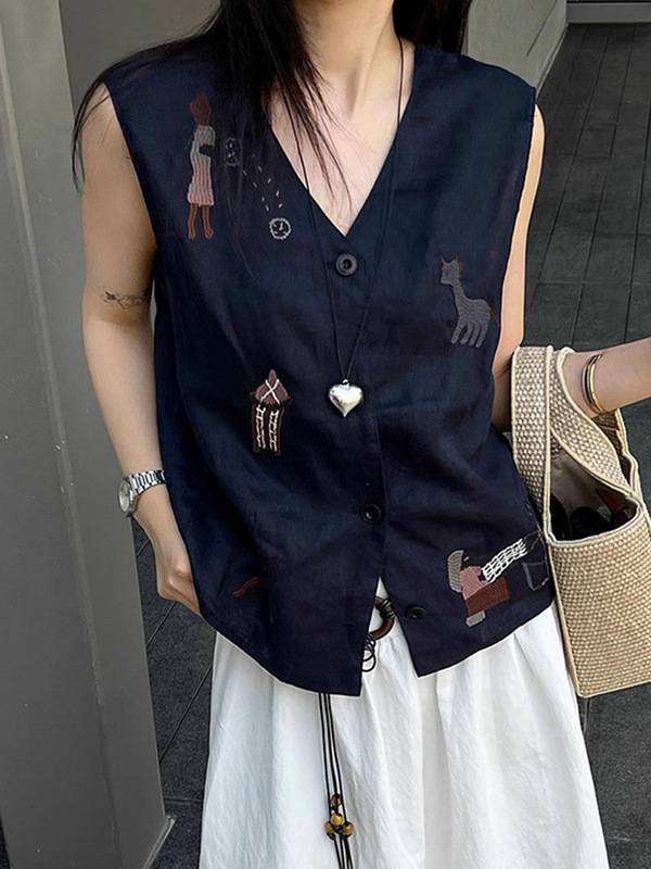 漫画刺繍 V ネックリネンベスト夏薄いベストデザイン気質アウターノースリーブ甘いトップ女性のための|undefined