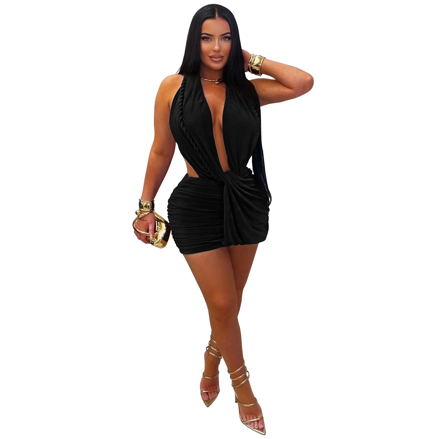 C7771 transfronterizo 2026 nueva ropa de mujer sexy profunda V cuello colgante bolsa de cadera vestido corto de cabina caliente vestido de color sólido image 7