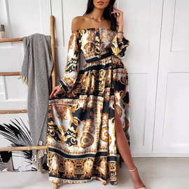 2025跨境晚礼服欧美印花短袖连衣裙V套头复古长袖大摆开叉长裙