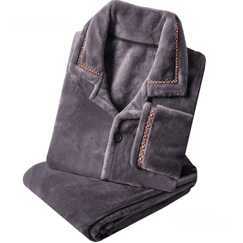 Transfronterizo hombre coral terciopelo pijama otoño y invierno grueso terciopelo cálido manga larga suelta franellas set de ropa para el hogar