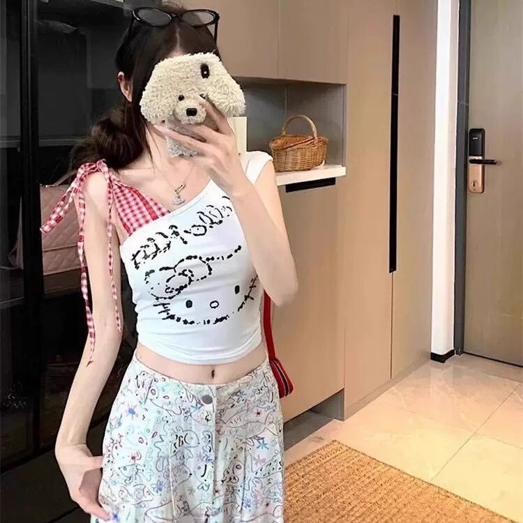 Summer New Cartoon Kt Cat Print Stitching Plaid Lace-Up Slim All-In-One with Chest Pad to Look Slim