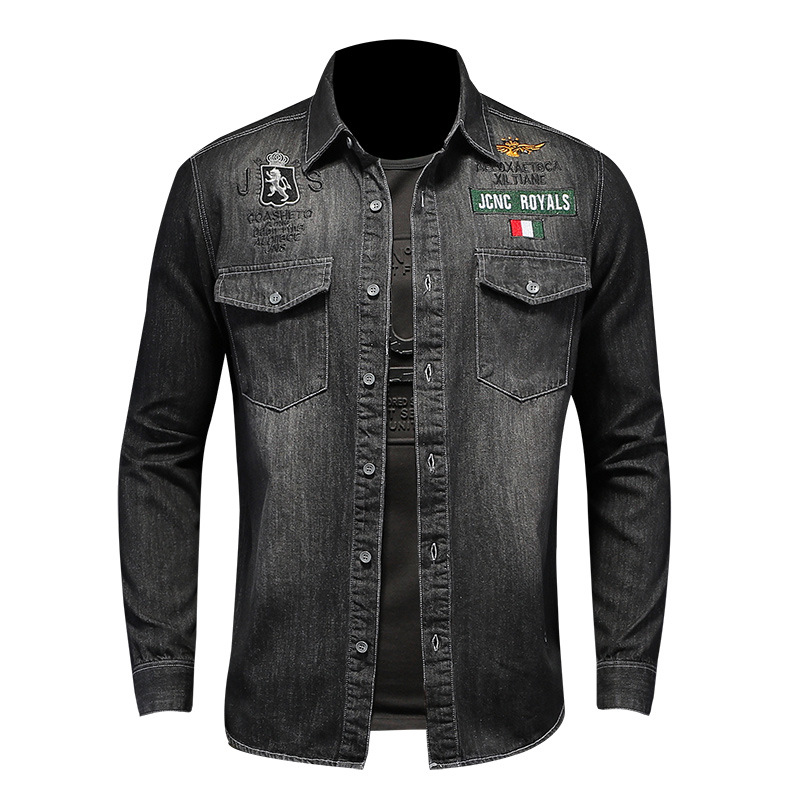 QT5027/V2227/ Camicia in denim nera da uomo in stile europeo e americano con ricamo di lettere a più punti_voghion.com